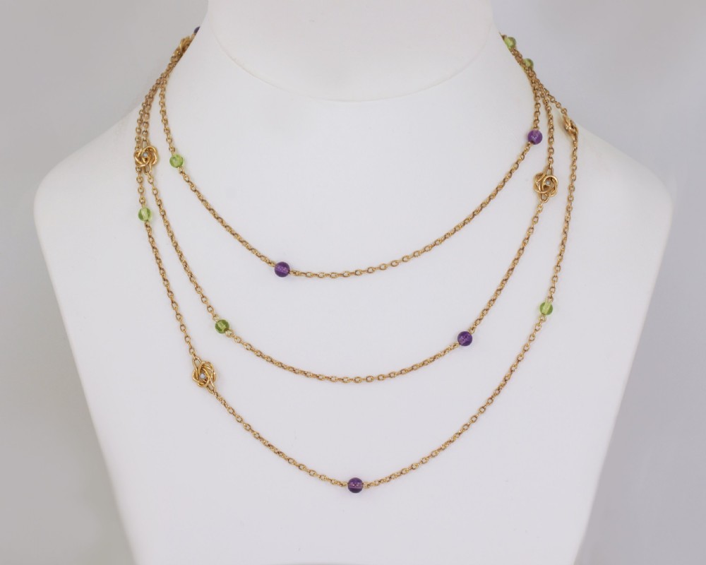 Antique Suffragette Sautoir Edwardian Necklace Pearl Peridot & Amethyst 58