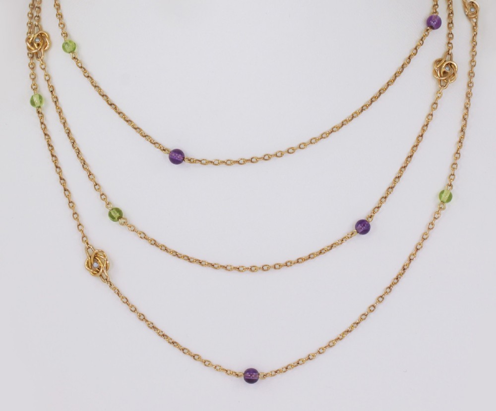 Antique Suffragette Sautoir Edwardian Necklace Pearl Peridot & Amethyst 58