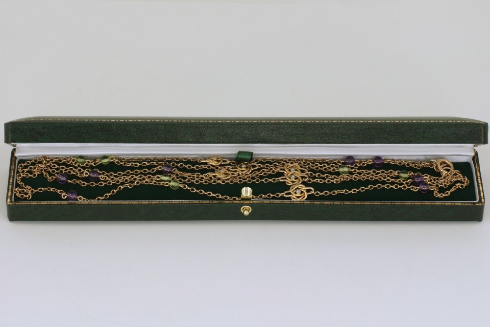 Antique Suffragette Sautoir Edwardian Necklace Pearl Peridot & Amethyst 58