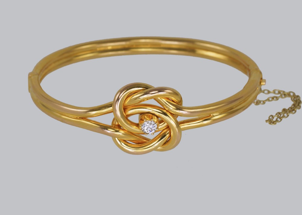 Victorian 15ct Gold Old Cut Diamond Lovers Knot Hinged Bangle Antique Bracelet circa 1890 