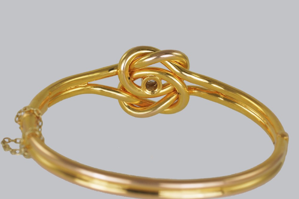 Victorian 15ct Gold Old Cut Diamond Lovers Knot Hinged Bangle Antique Bracelet circa 1890  View V