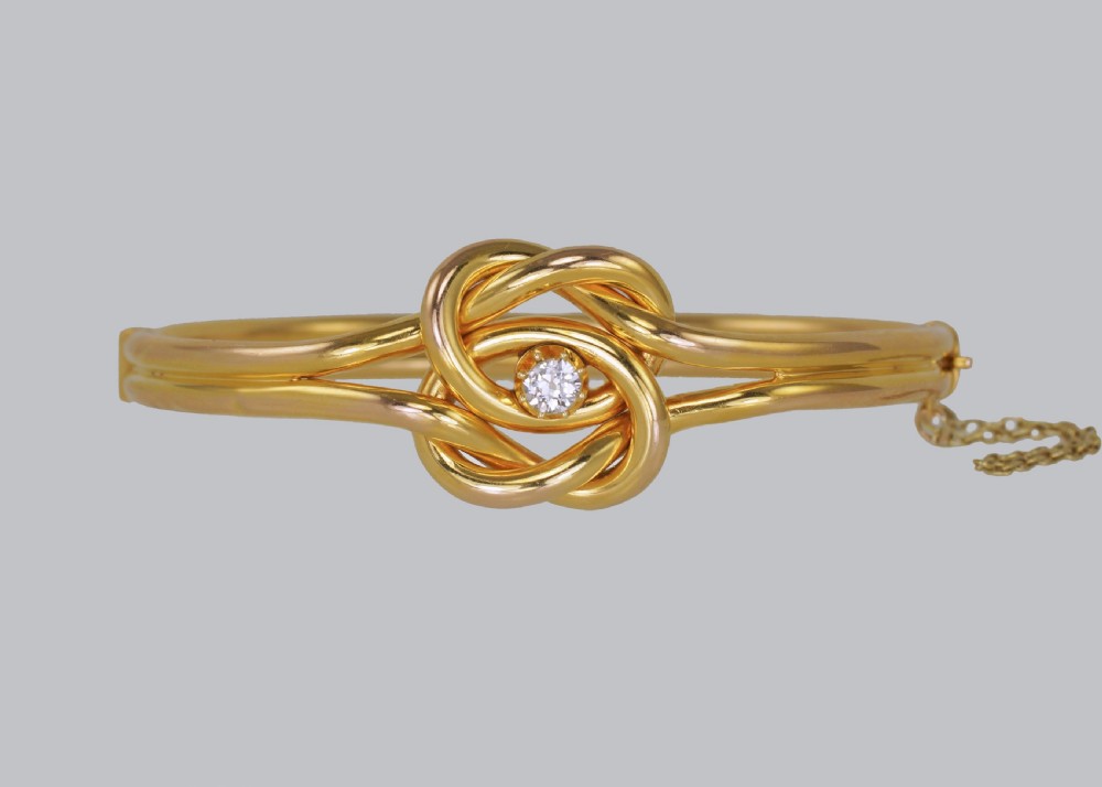 Victorian 15ct Gold Old Cut Diamond Lovers Knot Hinged Bangle Antique Bracelet circa 1890  View VI