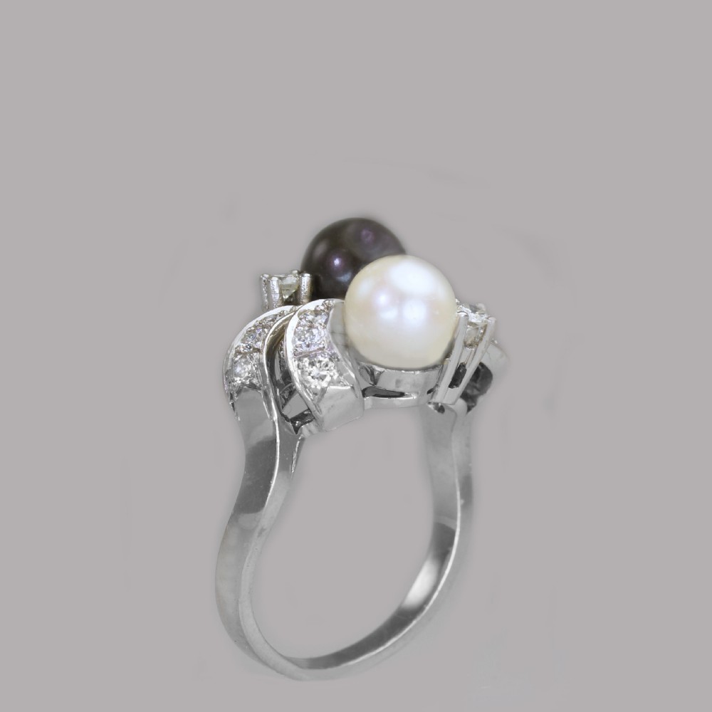 Vintage 18ct Gold Pearl & Diamond Toi & Moi Ring 1960's Grey Pearl Cocktail Twist Ring View XIV
