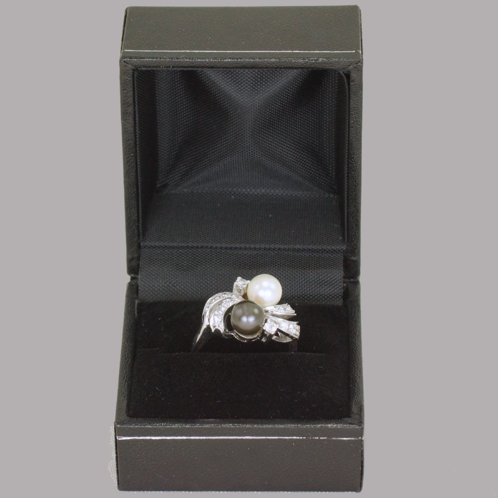 Vintage 18ct Gold Pearl & Diamond Toi & Moi Ring 1960's Grey Pearl Cocktail Twist Ring View XVII