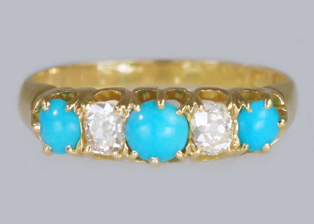 Antique 18ct Gold Turquoise & Old Mine Cut Diamond Ring Vintage Five Stone Ring 