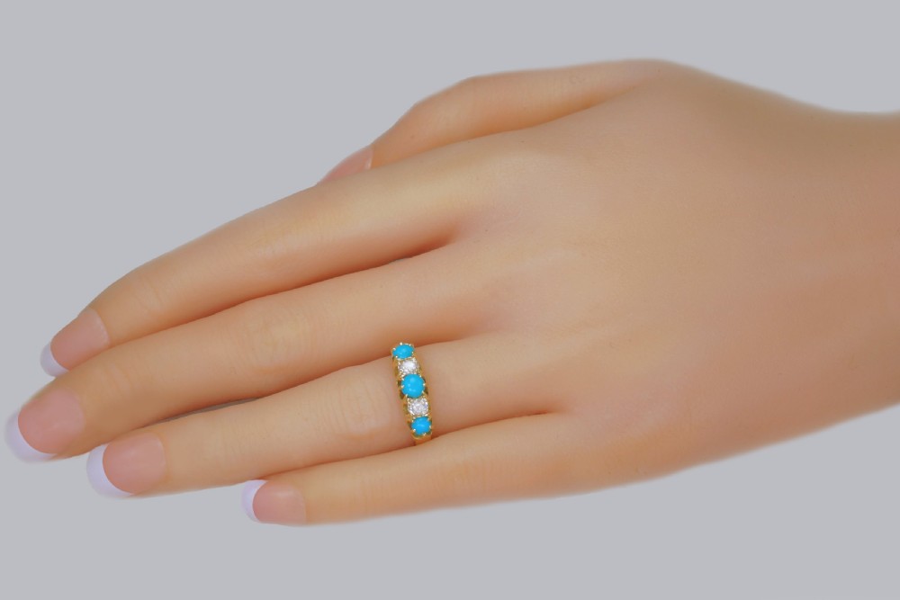 Antique 18ct Gold Turquoise & Old Mine Cut Diamond Ring Vintage Five Stone Ring  View II