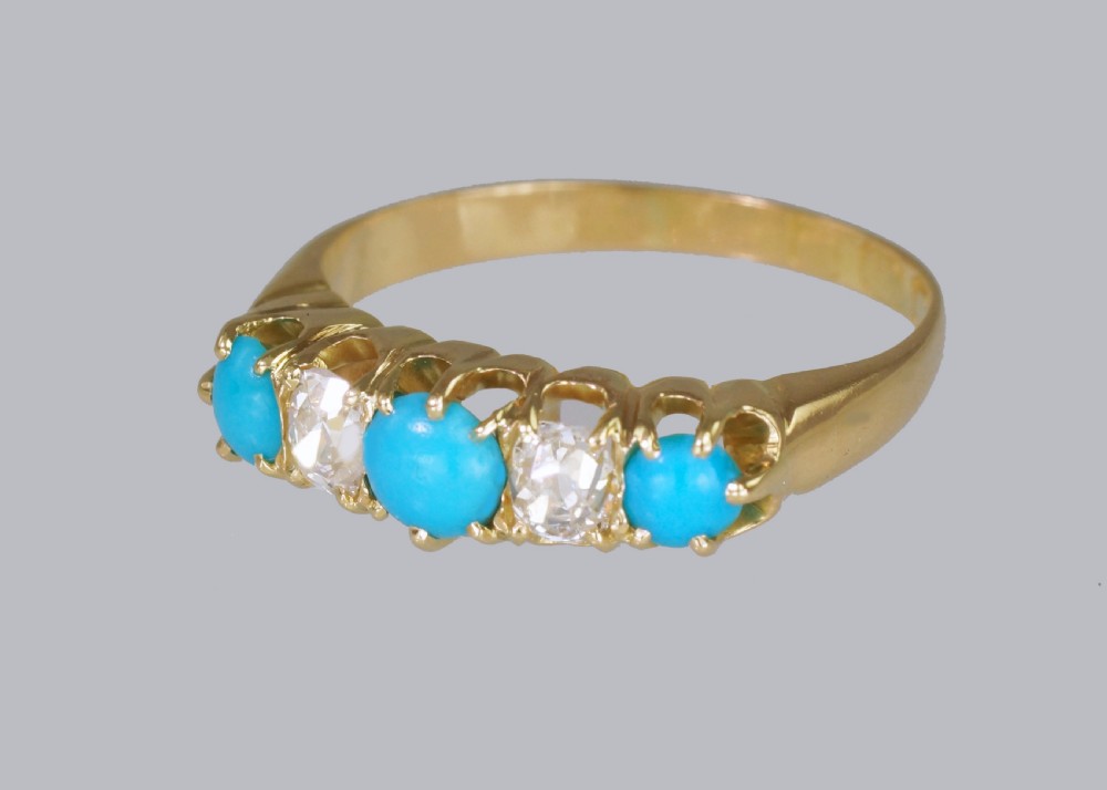 Antique 18ct Gold Turquoise & Old Mine Cut Diamond Ring Vintage Five Stone Ring  View III