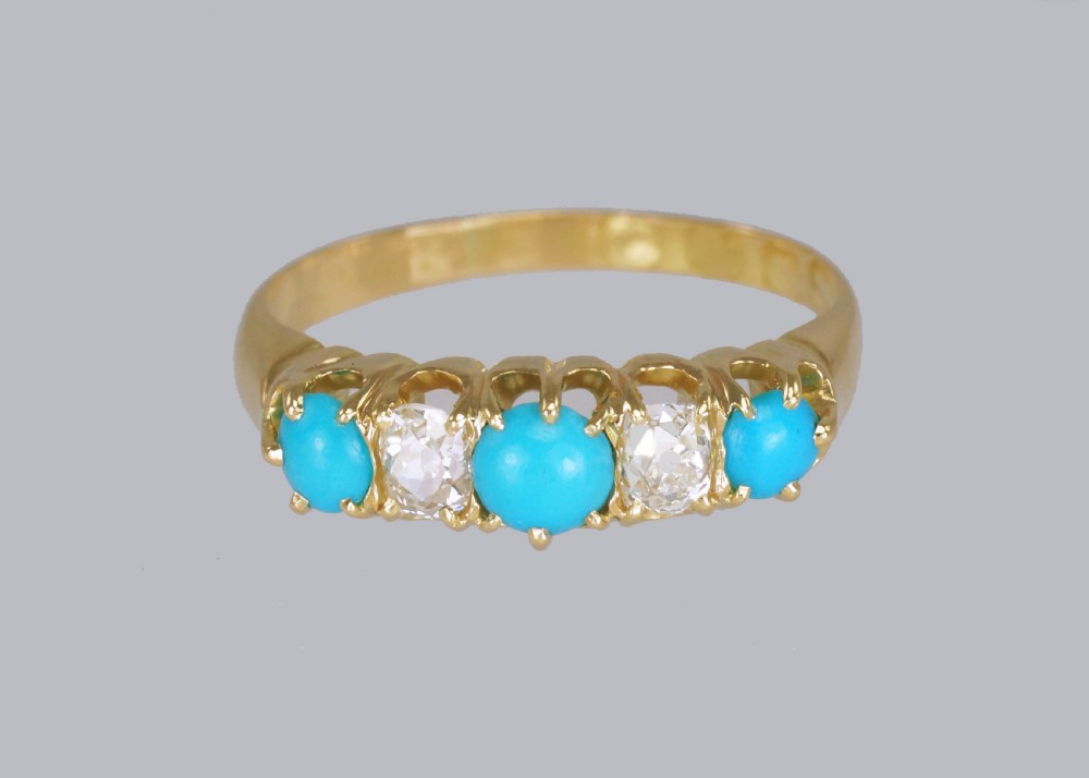 Antique 18ct Gold Turquoise & Old Mine Cut Diamond Ring Vintage Five Stone Ring  View IV