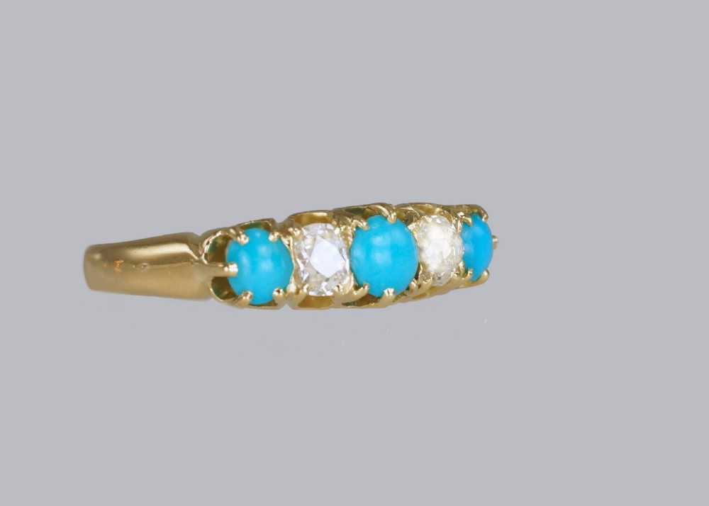 Antique 18ct Gold Turquoise & Old Mine Cut Diamond Ring Vintage Five Stone Ring  View V