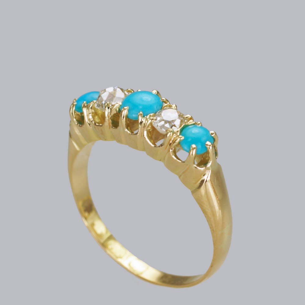 Antique 18ct Gold Turquoise & Old Mine Cut Diamond Ring Vintage Five Stone Ring  View VI