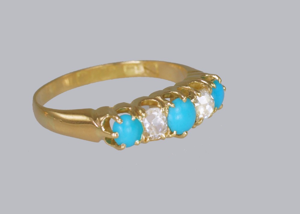 Antique 18ct Gold Turquoise & Old Mine Cut Diamond Ring Vintage Five Stone Ring  View VII