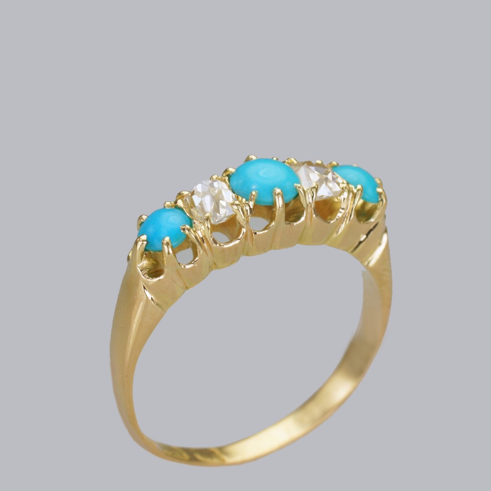 Antique 18ct Gold Turquoise & Old Mine Cut Diamond Ring Vintage Five Stone Ring  View VIII