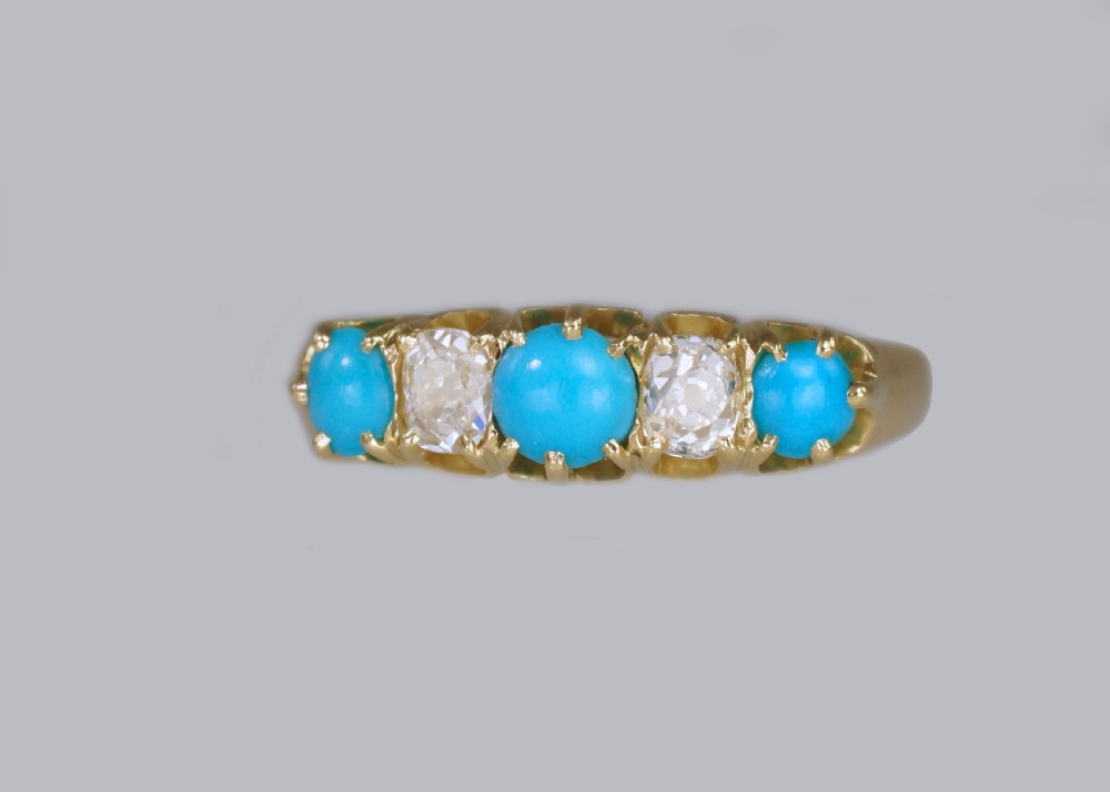 Antique 18ct Gold Turquoise & Old Mine Cut Diamond Ring Vintage Five Stone Ring  View IX