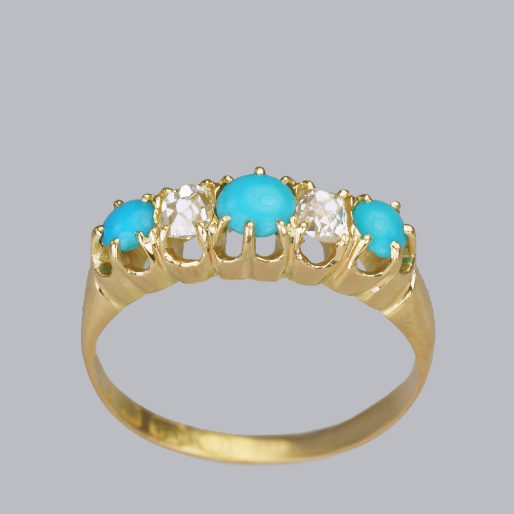 Antique 18ct Gold Turquoise & Old Mine Cut Diamond Ring Vintage Five Stone Ring  View X