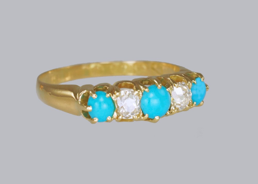 Antique 18ct Gold Turquoise & Old Mine Cut Diamond Ring Vintage Five Stone Ring  View XI