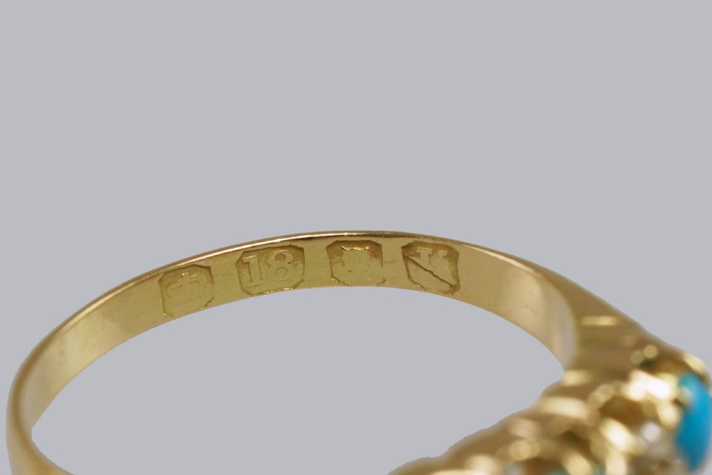Antique 18ct Gold Turquoise & Old Mine Cut Diamond Ring Vintage Five Stone Ring  View XII