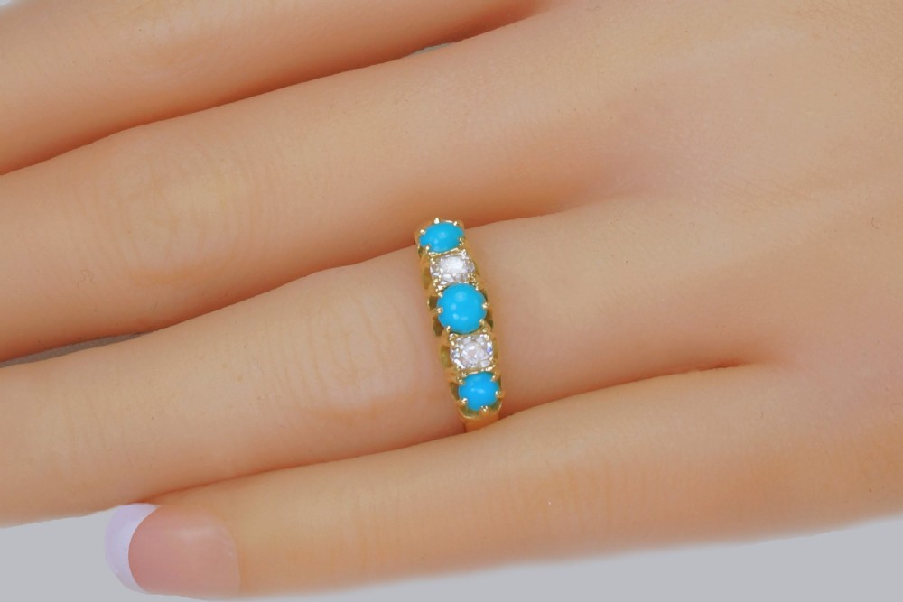 Antique 18ct Gold Turquoise & Old Mine Cut Diamond Ring Vintage Five Stone Ring  View XIII