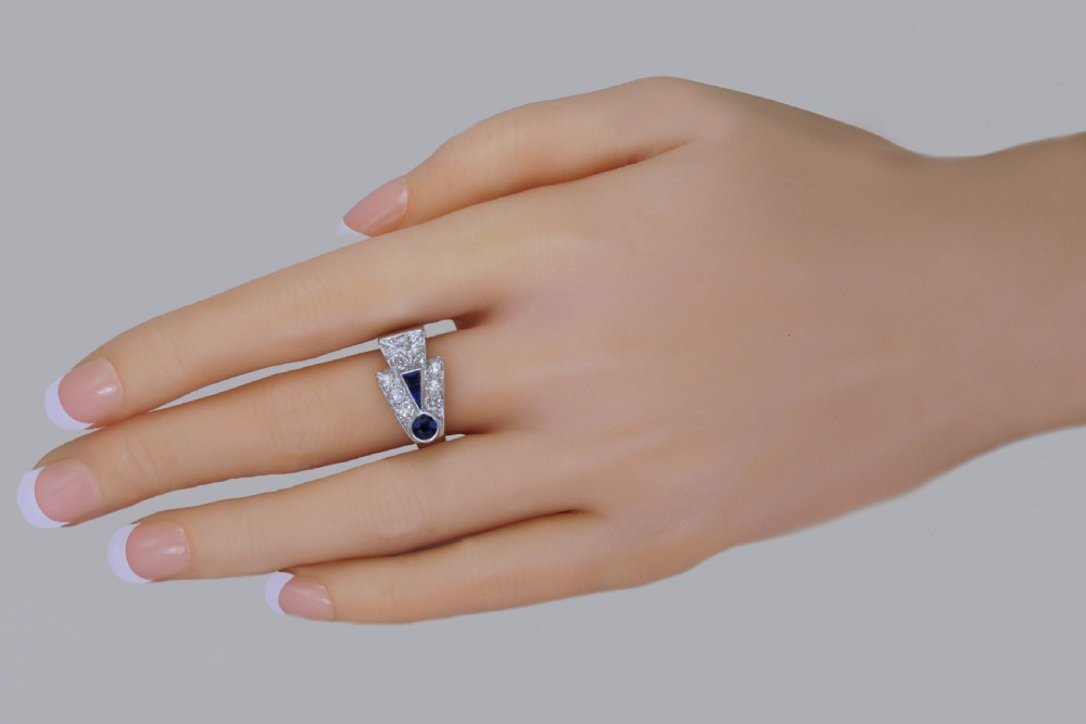 Diamond & Sapphire Art Deco Platinum Ring 1930's Vintage Large Retro Dress Ring View II