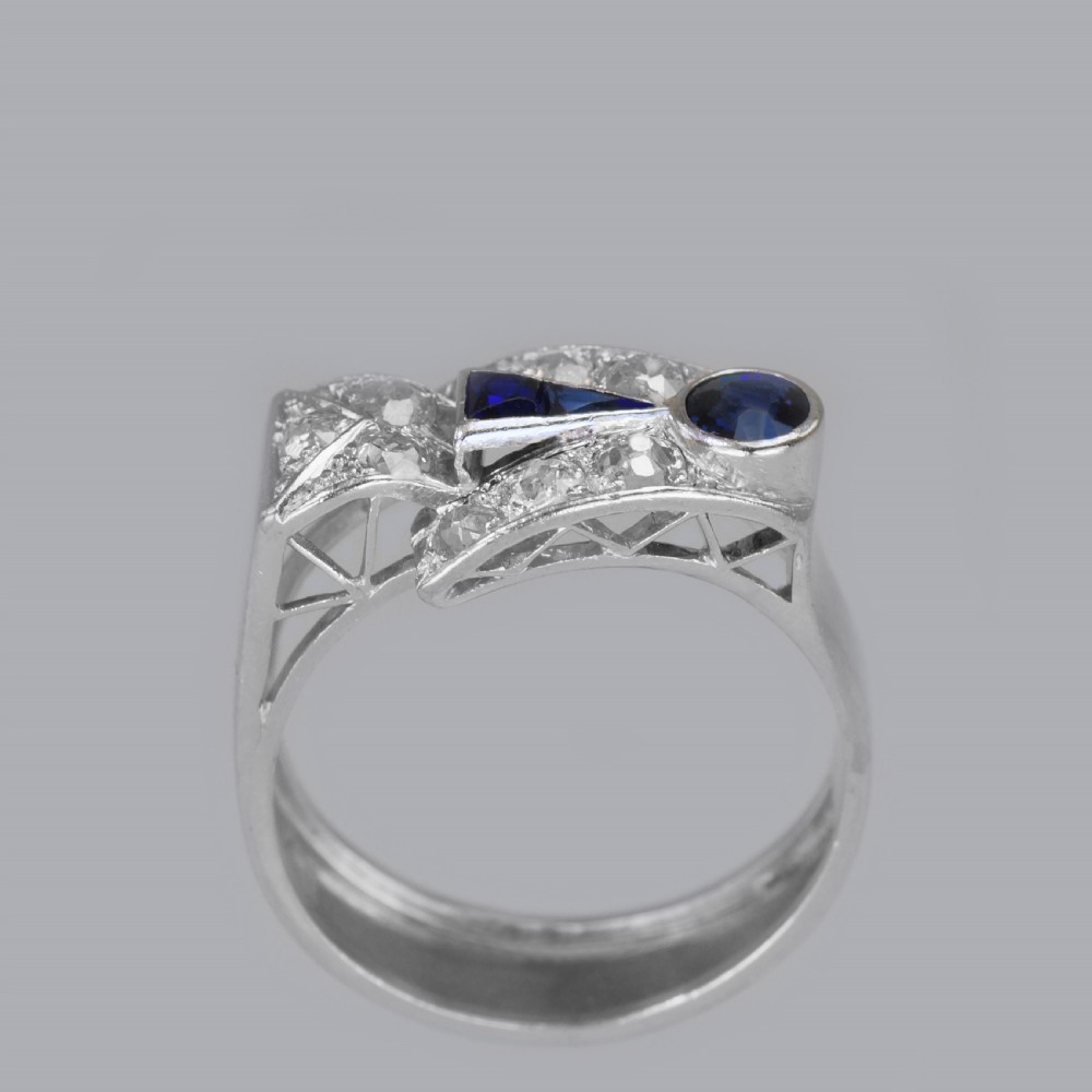Diamond & Sapphire Art Deco Platinum Ring 1930's Vintage Large Retro Dress Ring View III