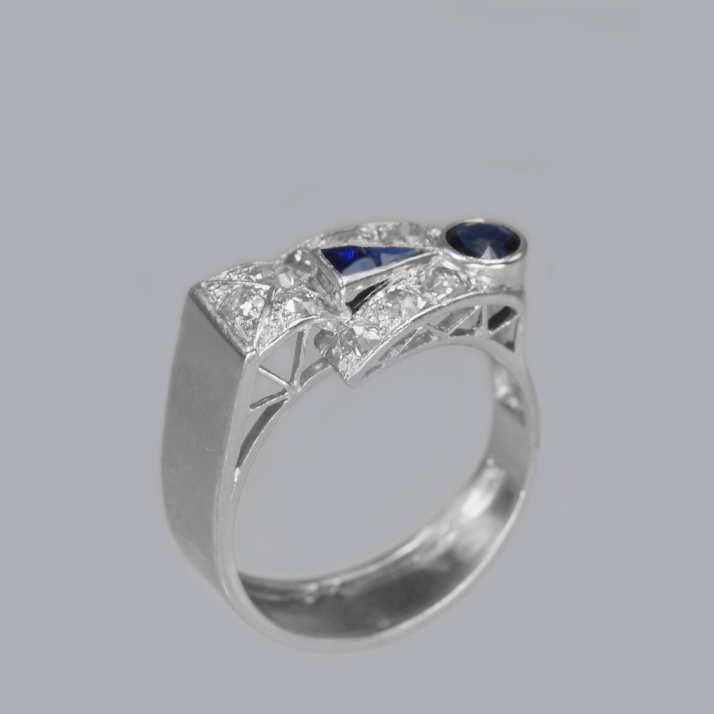 Diamond & Sapphire Art Deco Platinum Ring 1930's Vintage Large Retro Dress Ring View IV