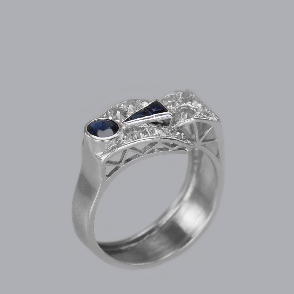 Diamond & Sapphire Art Deco Platinum Ring 1930's Vintage Large Retro Dress Ring View V