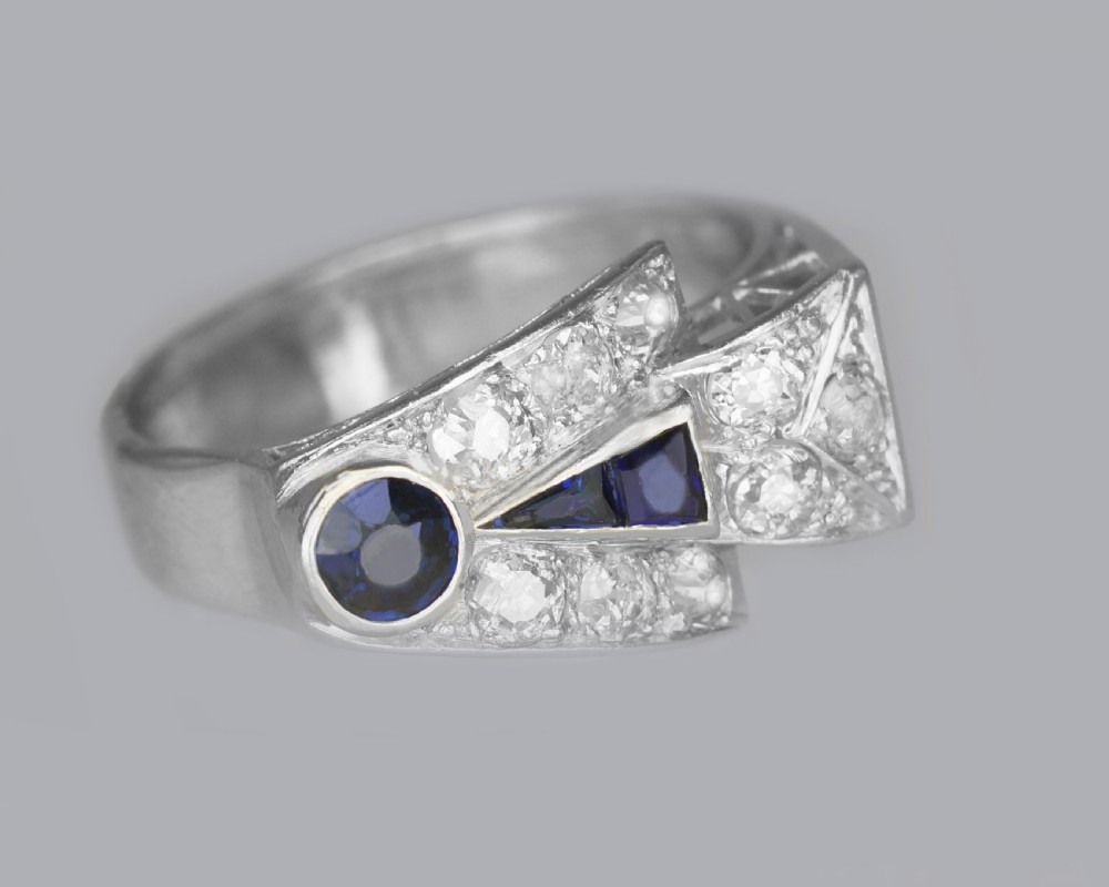 Diamond & Sapphire Art Deco Platinum Ring 1930's Vintage Large Retro Dress Ring View VI