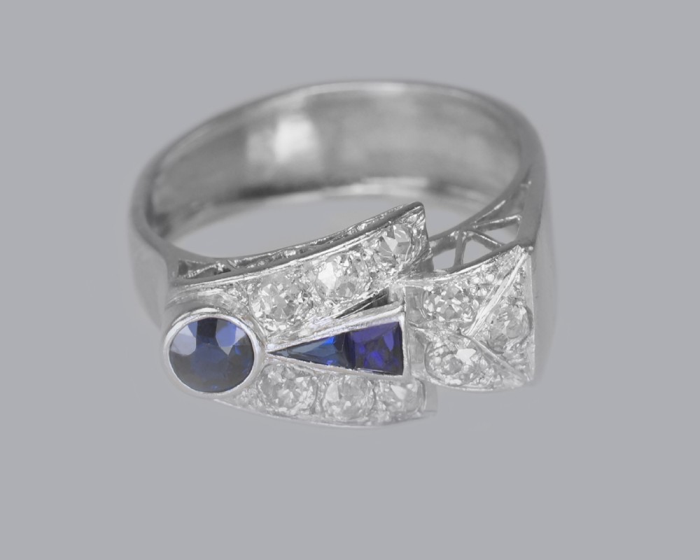 Diamond & Sapphire Art Deco Platinum Ring 1930's Vintage Large Retro Dress Ring View VII