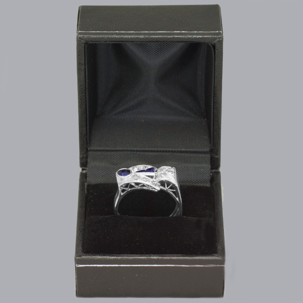 Diamond & Sapphire Art Deco Platinum Ring 1930's Vintage Large Retro Dress Ring View VIII