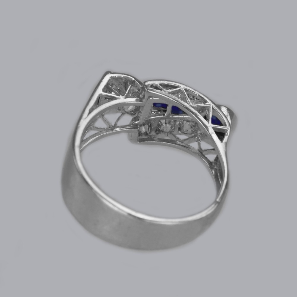 Diamond & Sapphire Art Deco Platinum Ring 1930's Vintage Large Retro Dress Ring View IX