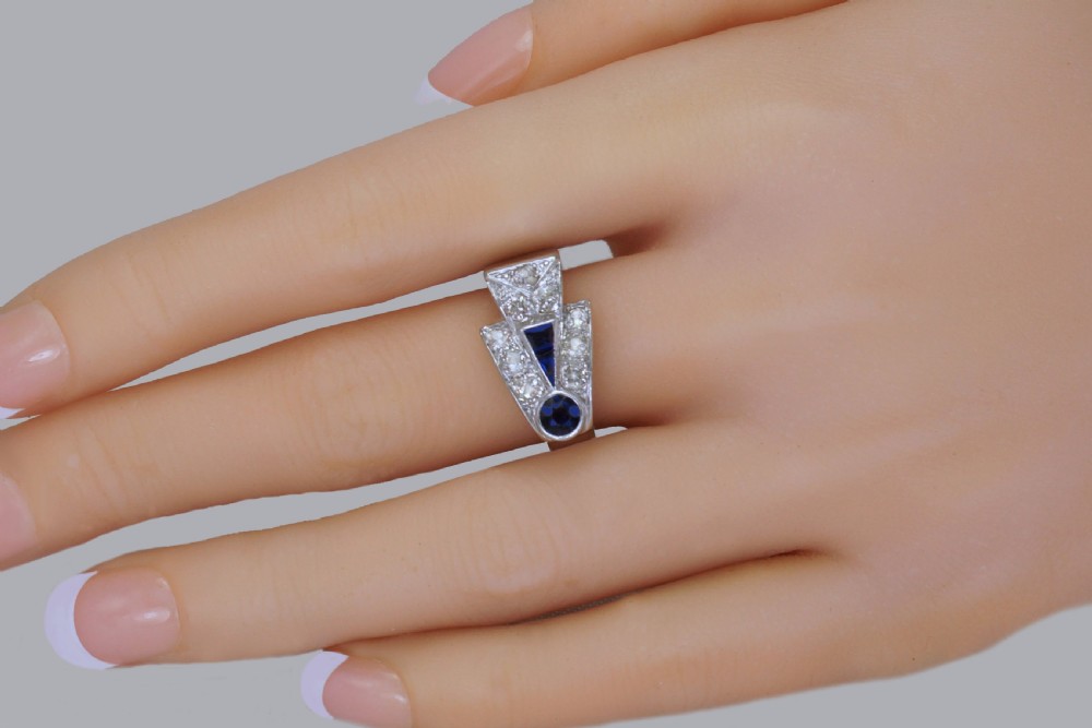 Diamond & Sapphire Art Deco Platinum Ring 1930's Vintage Large Retro Dress Ring View X