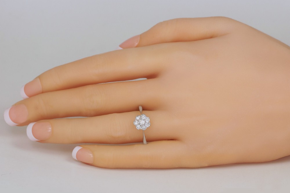 Antique 18ct White Gold Old Cut Diamond Cluster Ring Vintage Edwardian Daisy Ring circa 1910 View II