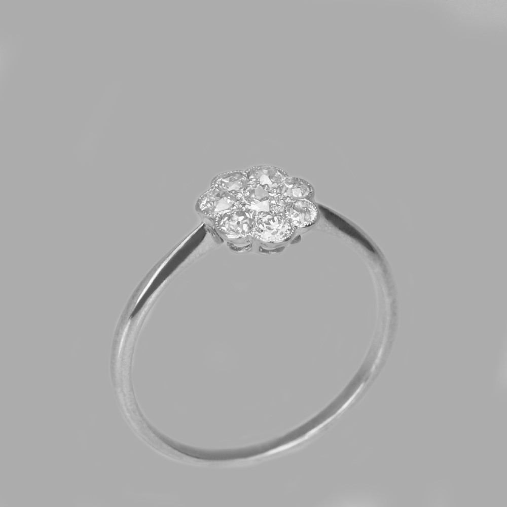 Antique 18ct White Gold Old Cut Diamond Cluster Ring Vintage Edwardian Daisy Ring circa 1910 View III