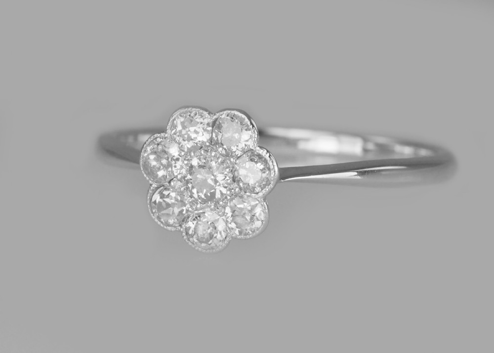 Antique 18ct White Gold Old Cut Diamond Cluster Ring Vintage Edwardian Daisy Ring circa 1910 View V