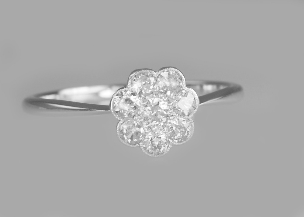 Antique 18ct White Gold Old Cut Diamond Cluster Ring Vintage Edwardian Daisy Ring circa 1910 View VII