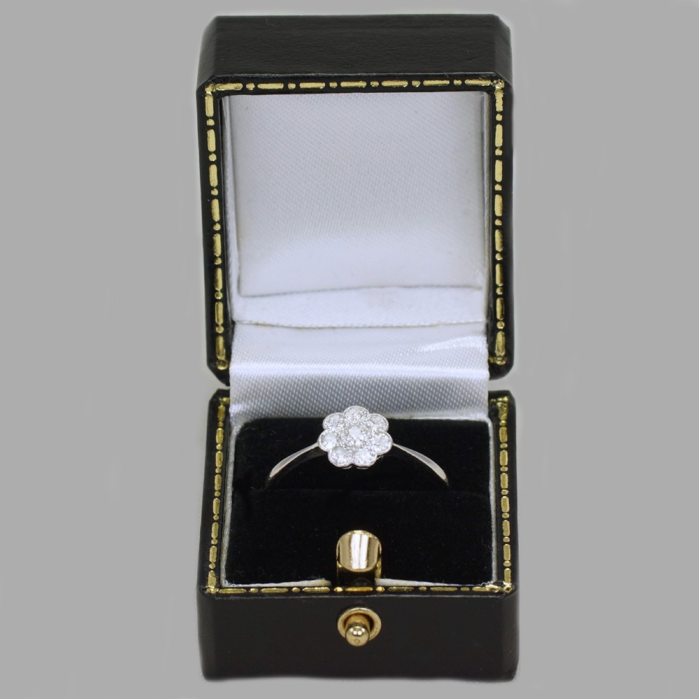 Antique 18ct White Gold Old Cut Diamond Cluster Ring Vintage Edwardian Daisy Ring circa 1910 View X
