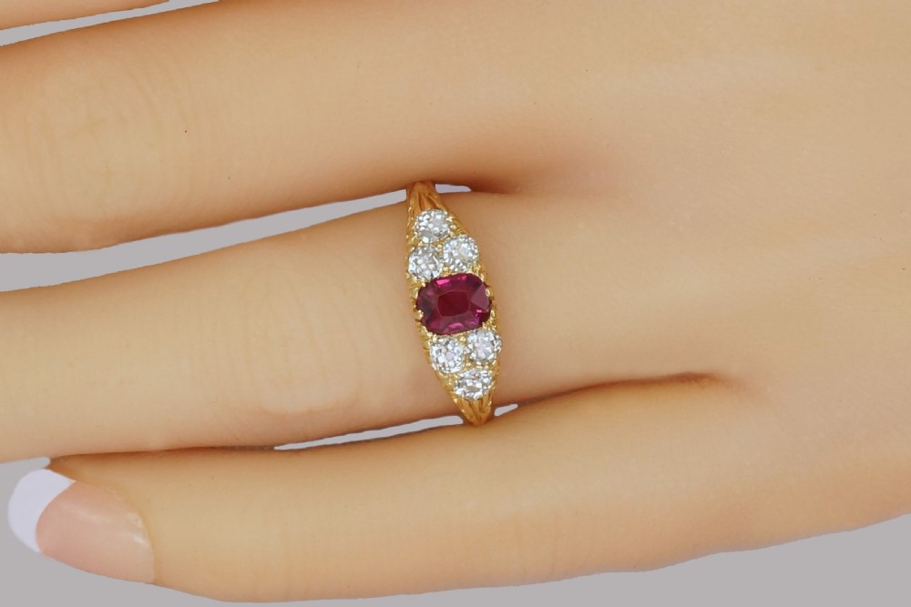 Victorian 18ct Gold Ruby & Old Mine Cut Diamond Ring Antique Ornate English Ring  View III