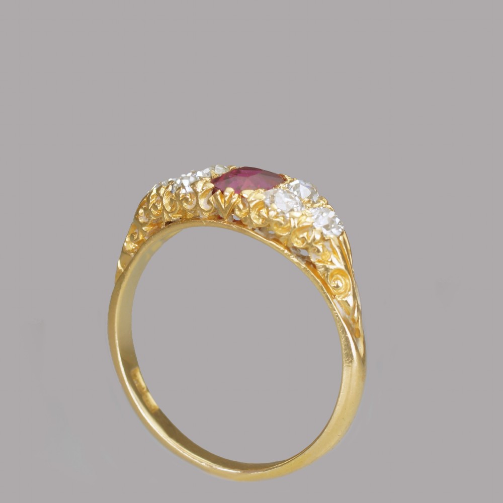 Victorian 18ct Gold Ruby & Old Mine Cut Diamond Ring Antique Ornate English Ring  View X