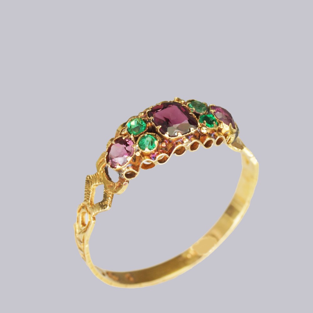 Antique 18ct Gold Amethyst & Emerald English Ornate Mid Victorian Ring circa 1870 View II
