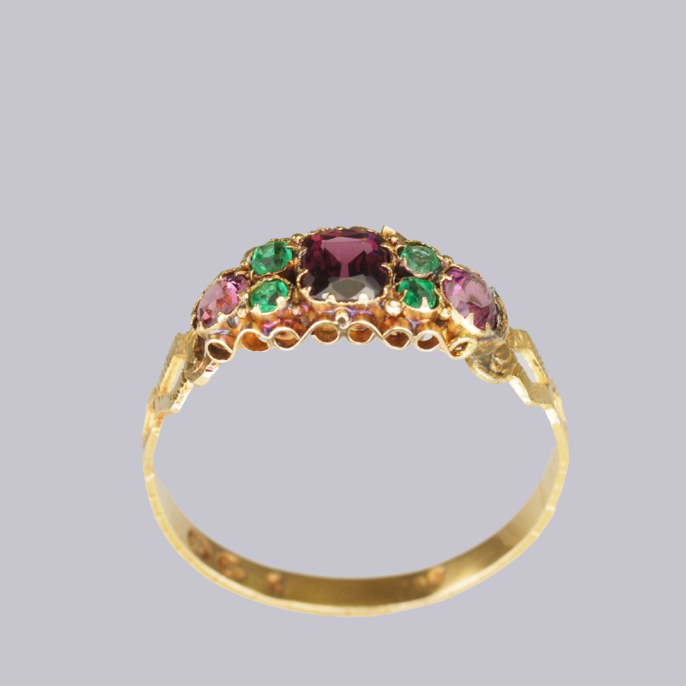 Antique 18ct Gold Amethyst & Emerald English Ornate Mid Victorian Ring circa 1870 View III