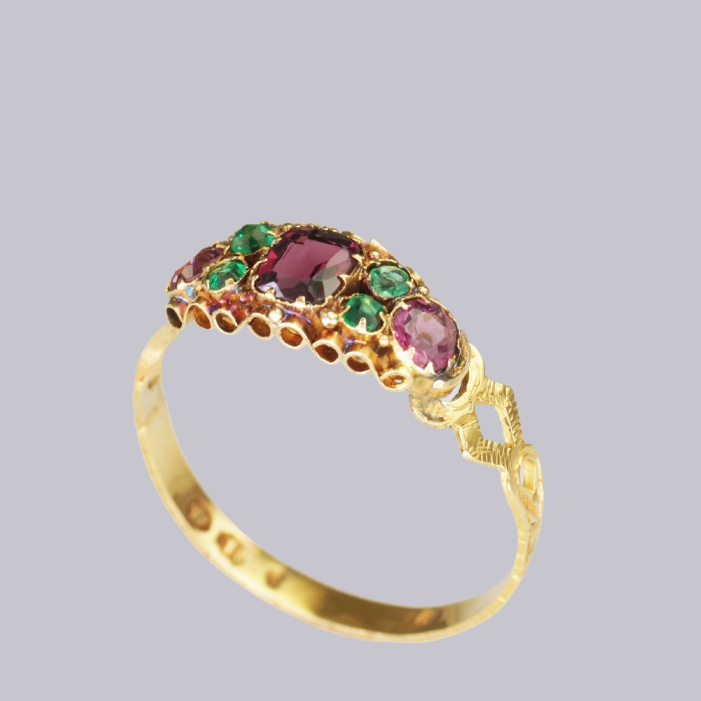 Antique 18ct Gold Amethyst & Emerald English Ornate Mid Victorian Ring circa 1870 View IV