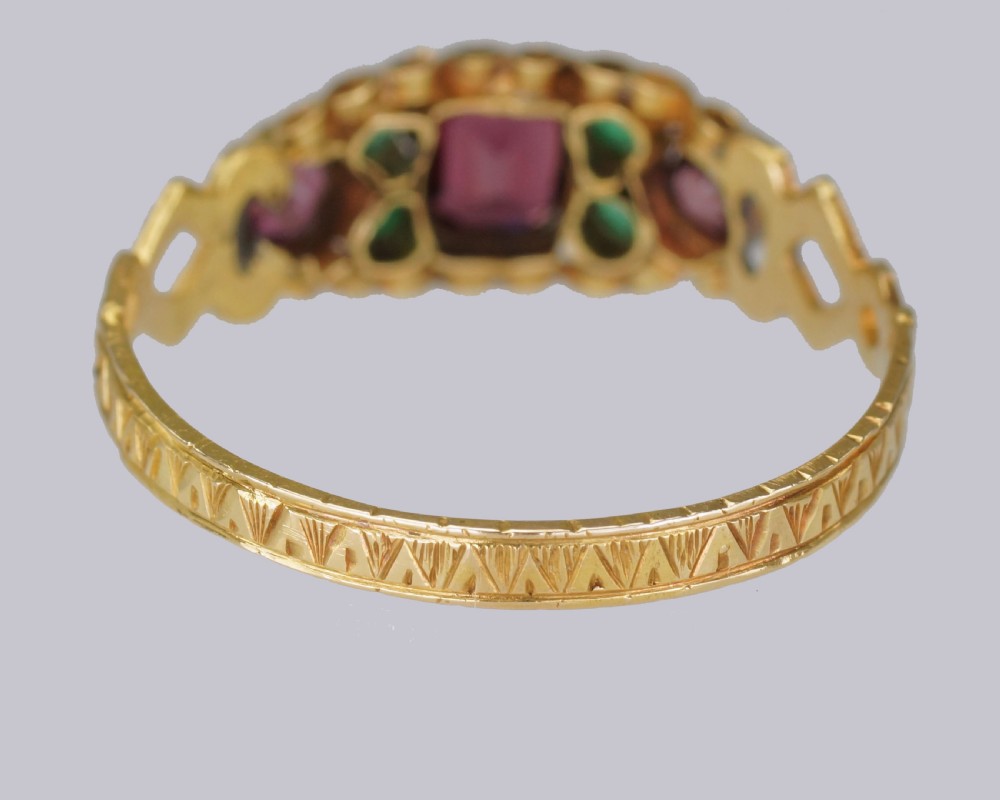 Antique 18ct Gold Amethyst & Emerald English Ornate Mid Victorian Ring circa 1870 View X