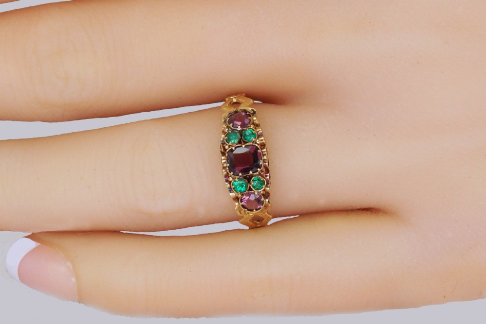 Antique 18ct Gold Amethyst & Emerald English Ornate Mid Victorian Ring circa 1870 View XIV