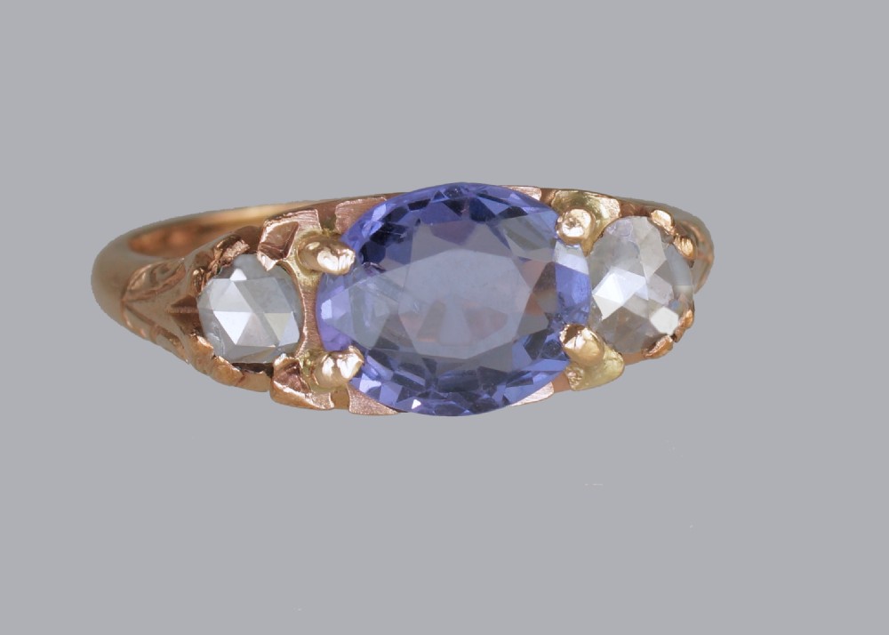 Victorian 2ct Sapphire & Rose Cut Diamond 15ct Gold Antique Trilogy Ring circa 1890 View II