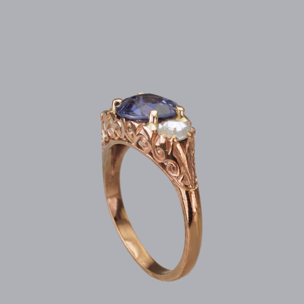 Victorian 2ct Sapphire & Rose Cut Diamond 15ct Gold Antique Trilogy Ring circa 1890 View IV