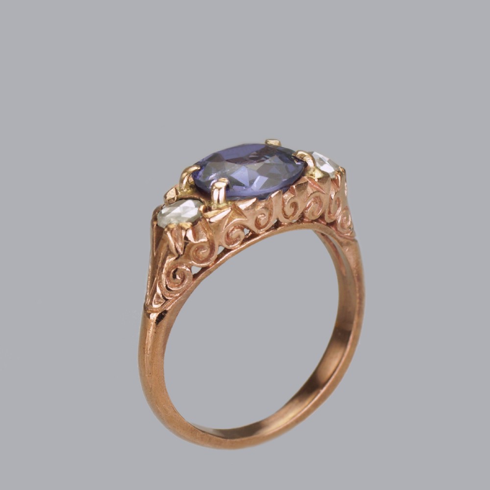 Victorian 2ct Sapphire & Rose Cut Diamond 15ct Gold Antique Trilogy Ring circa 1890 View V