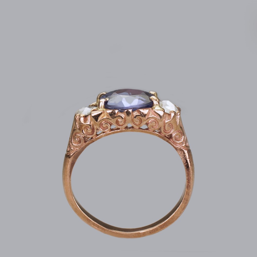 Victorian 2ct Sapphire & Rose Cut Diamond 15ct Gold Antique Trilogy Ring circa 1890 View VII