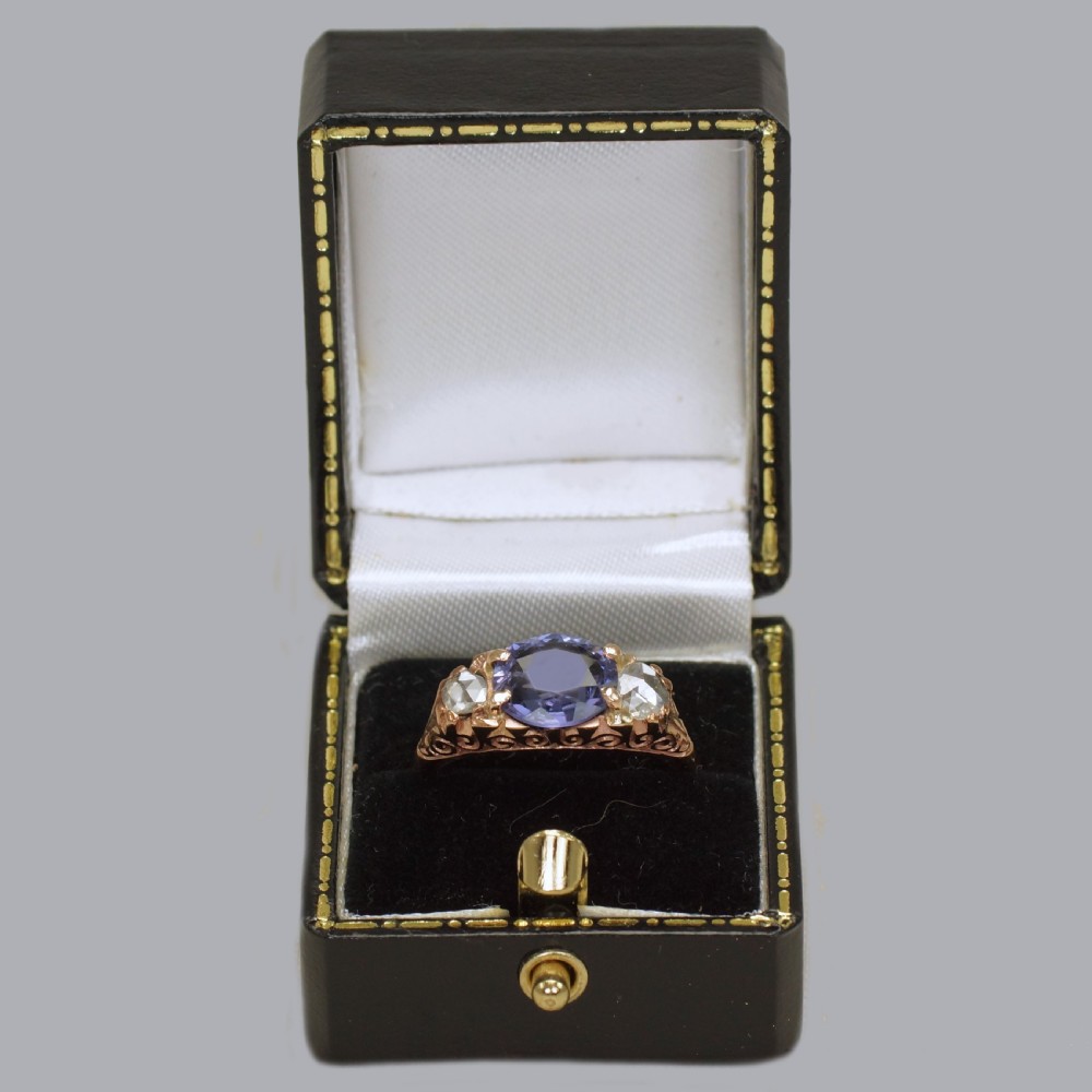 Victorian 2ct Sapphire & Rose Cut Diamond 15ct Gold Antique Trilogy Ring circa 1890 View IX