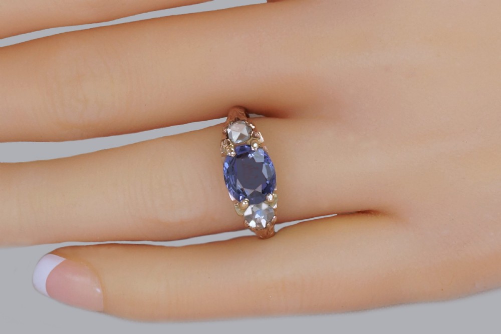 Victorian 2ct Sapphire & Rose Cut Diamond 15ct Gold Antique Trilogy Ring circa 1890 View X