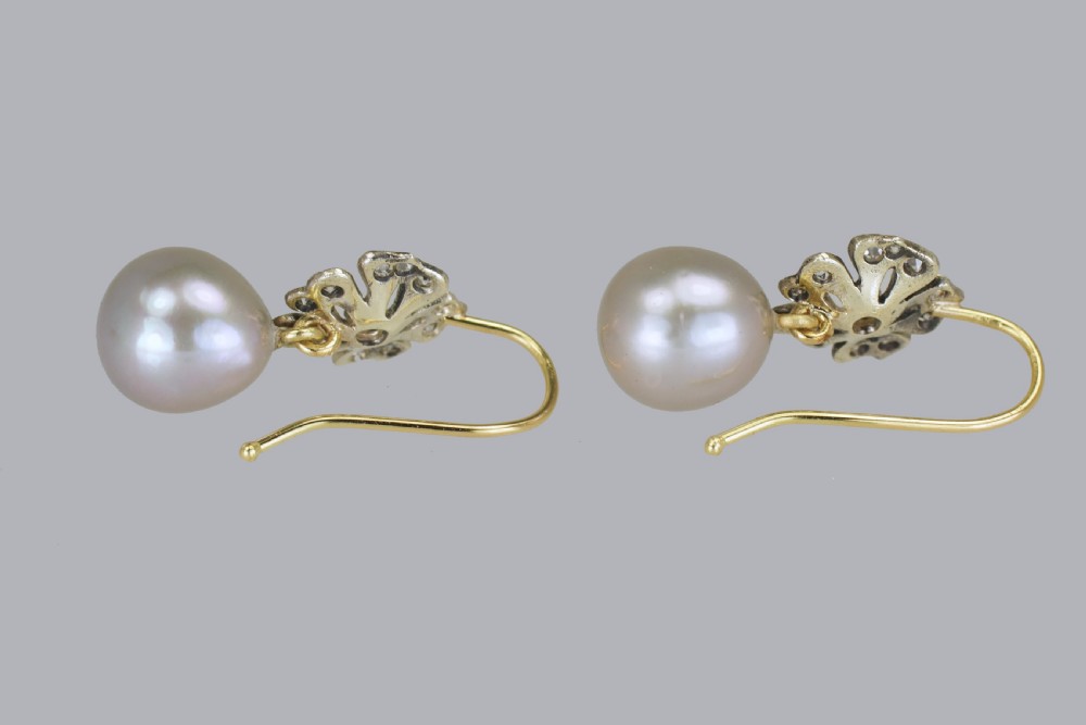 Edwardian Pearl & Swiss Cut Diamond Drop 18ct Gold Antique Dangle Earrings circa 1910  View V