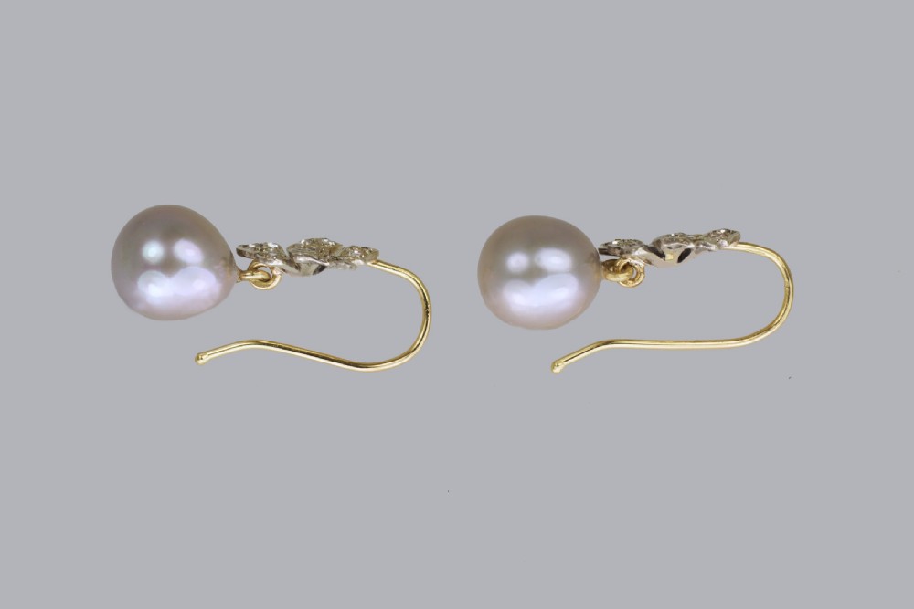Edwardian Pearl & Swiss Cut Diamond Drop 18ct Gold Antique Dangle Earrings circa 1910  View VI